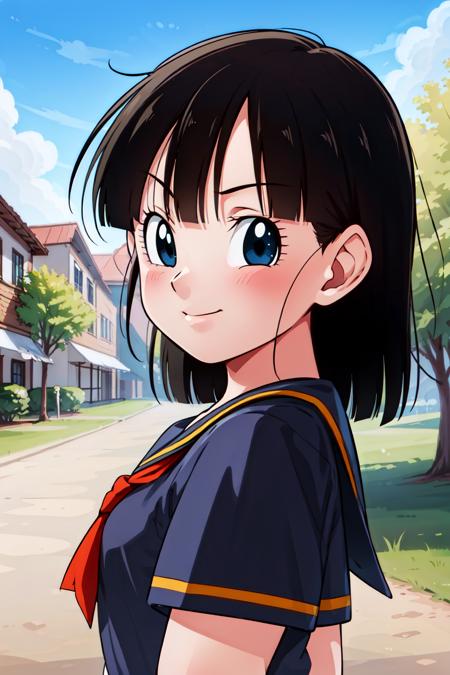 masterpiece, 
  <lora:panGT-000008:0.6>, 1girl, solo, short black hair, (black eyes),  pan, 
 from front, school uniform, selfie, upper body, 
light smile, portrait, from side, 
blue sky, cloud, school yard, ,