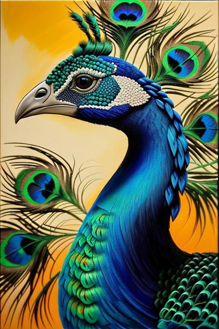 Ultra High Definition, Impeccable Detail, Premier Quality, Best-in-class, (Photorealistic), (Lifelike), raw photo,peacock,  abstract painting with varying colorful geometric shapes on a textured background, sculpture of a peacock standing in front of the abstract painting