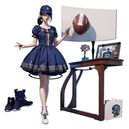 1girl, book, hat, cap, football, bottle, dress, computer, shoe, glass, white background, full body, 3d   <lora:fgs_lite:1>