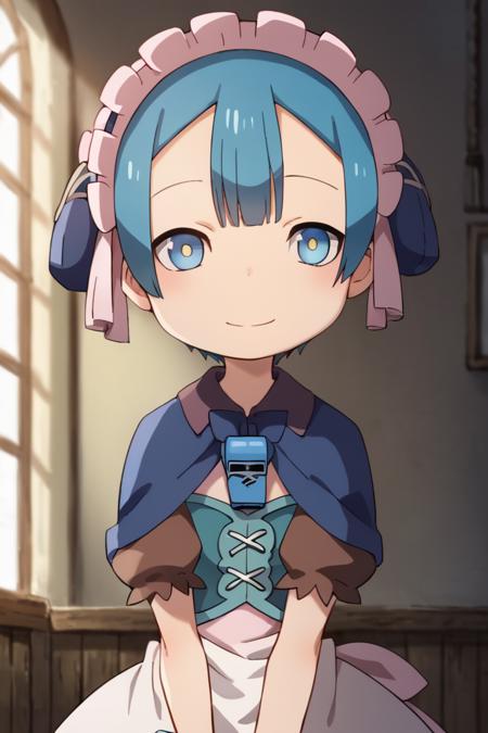 Marulk,blue hair, blue eyes,short hair, blue capelet,dress,apron,corset, hairband,maid headdress, whistle around neck,whistle, holding umbrella,