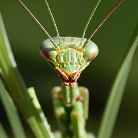 a mantis crawls on a blade of grass <lora:mantis-head:1.00>