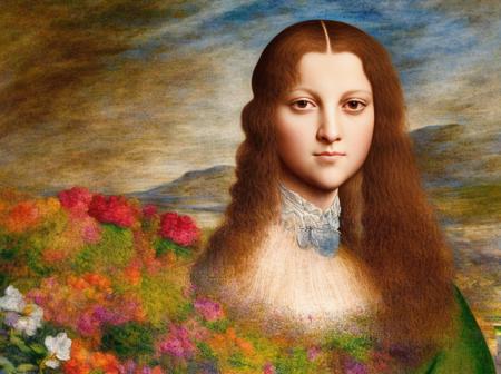 (((A portrait of a sexy girl))) by leonardo da Vinci, (((full body))), lush garden in the background, highest quality, oil on canvas, 4K, ultra detailed, intricate detail, vibrant colors