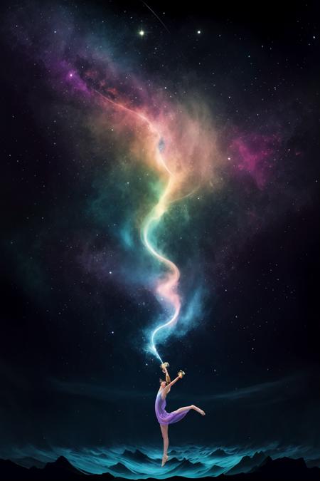 A cosmic ballet of celestial fireflies illuminating a vast expanse of swirling nebulae, rendered in the style of fluid surrealism with vibrant iridescent hues and intricate geometric patterns. Evoking a sense of enchantment, depict the ethereal dance of these otherworldly creatures amidst a backdrop of cosmic stardust and cosmic waves