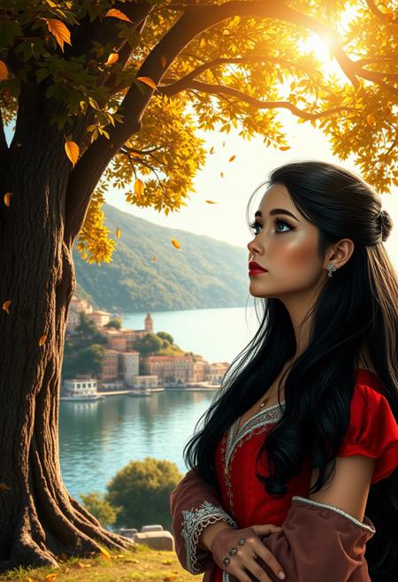 (photorealism:1.5)
female princess,  thoughtful expression, gazing at the majestic tree, falling leaves,  calm coastal village in the background, warm sunlight, vibrant colors, high contrast, hyper-realistic, serene atmosphere, pensive pose, detailed, high-definition, reflective mood, peaceful setting, torn dressm long black hair, blue eyes
slight freckles, long eyelashes, thick eyebrows, torn pelvic sheer curtain, bridal gauntlets, torn red dress