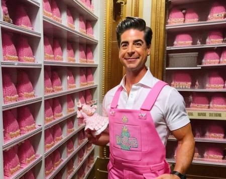 jessewatters person low wide angle shot holding a (((sacred Barbie doll)) in the halls of Congress. Wearing a pink tanktop with suspenders.