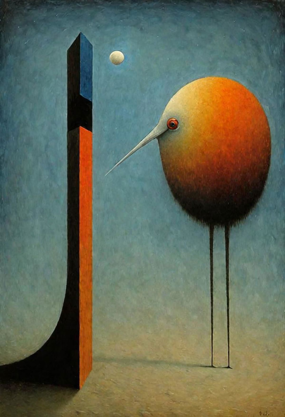 A painting of a bird with a long beak and a large orange ball.