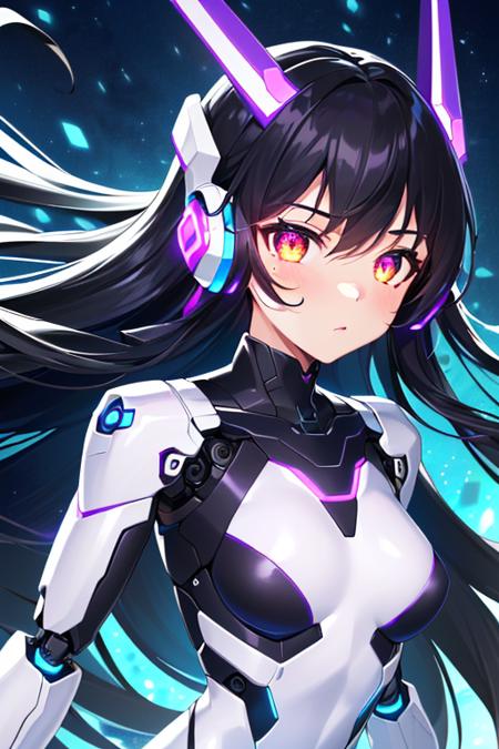 (sfw), intricate details, (bright neon colors), detailed background, night, 1girl, (petite, (cute face, bright glowing purple eyes), (human torso, petite perky breasts, robotic limbs), (black hair, absurdly long hair, hair blowing in the wind)), sleek detailed impossible bodysuit, cybernetic headset, sneaking, dynamic angle