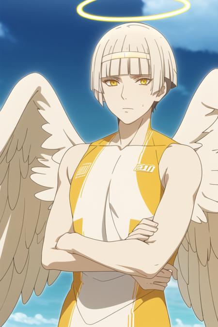 revel_platinum_end yellow eyes white hair wings halo angel angel wings