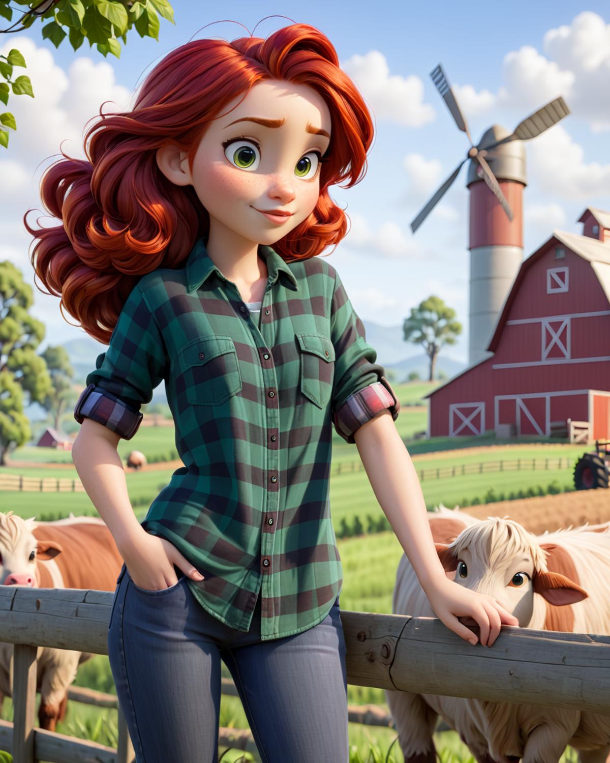 A cartoon girl wearing a plaid shirt standing next to cows.
