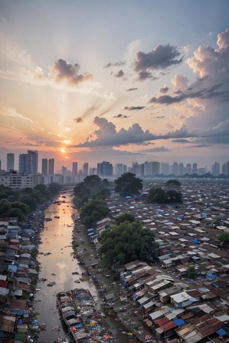 aerial view, slumparea full of trash at jakarta, trash can, garbage, trash, plastic bag, dirty, slum city, poverty,  dim light, epic, cityscape, dawn, clear sky, tree, railroad, cable, dramatic, river,  <lora:ARWSlumpArea:1>