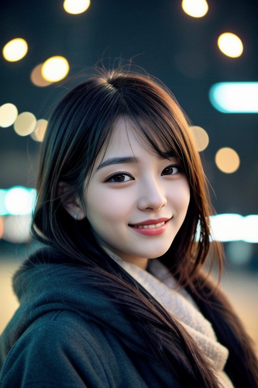 (4k, RAW photo, best quality, masterpiece:1.2),japanese,1girl,winter,night light,face focus,smile,looking at viewer,reachn...