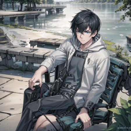 gerardcurian, 1boy, black hair, blue eyes, casual clothes, (white hoodie:1.1), park bench, sitting down, looking around