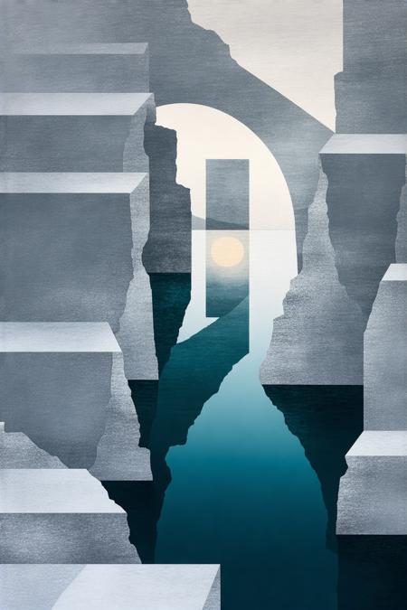 Aerial perspective overlooks a fractured waterfront: angular planes of chalk-white and slate cascade into a still mercury-toned bay, their jagged edges dissolving into mist. Cubist distortions fragment the horizon into intersecting triangles and rhomboids, echoing Picasso’s analytic phase fused with Tamara de Lempicka’s sleek minimalism. The palette hinges on bleached cobalt shadows and whispers of burnt umber, backlit by a diffused saffron glow that etches geometric halos onto the water’s matte, inkblot surface. A lone silhouetted arch—sliced by intersecting black lines—floats mid-air, its reflection shattered into monochrome shards that ripple with ghostly symmetry.