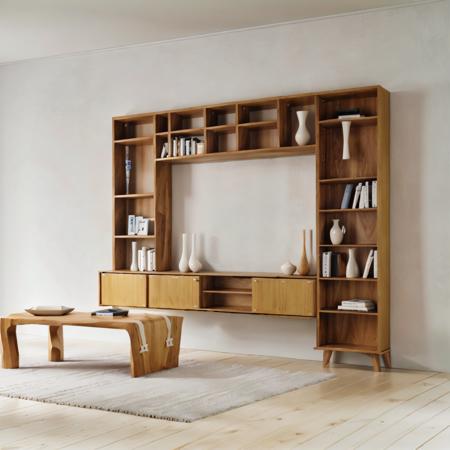 a modern room with a bookcase,  <lora:Ahn:1>, (pine wood theme:1.3)