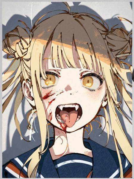 by mizokooohmygod, portrait, upper body, 1girl, solo, hair bun, yellow eyes, double bun, blood, blood on face, tongue, school uniform, red neckerchief, bangs, blonde hair, serafuku, neckerchief, sailor collar, blunt bangs, open mouth, messy hair, white background, simple background, tongue out, blue sailor collar, fangs