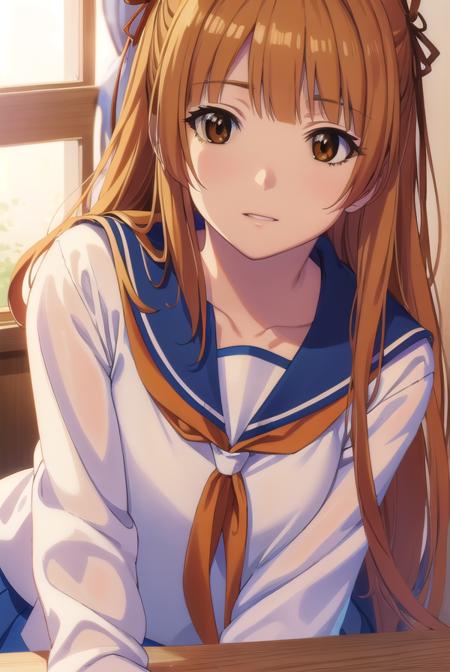 akemisumizome, <lora:akemi sumizome s1-lora-nochekaiser:1>,
akemi sumizome, long hair, orange hair, (brown eyes:1.7), ribbon, hair ribbon, bangs, blunt bangs, hime cut, smile,
BREAK skirt, school uniform, serafuku, blue sailor collar, shirt, white shirt, long sleeves, blue skirt, neckerchief, red neckerchief,
BREAK indoors, classroom,
BREAK looking at viewer, (cowboy shot:1.5),
BREAK <lyco:GoodHands-beta2:1>, (masterpiece:1.2), best quality, high resolution, unity 8k wallpaper, (illustration:0.8), (beautiful detailed eyes:1.6), extremely detailed face, perfect lighting, extremely detailed CG, (perfect hands, perfect anatomy),