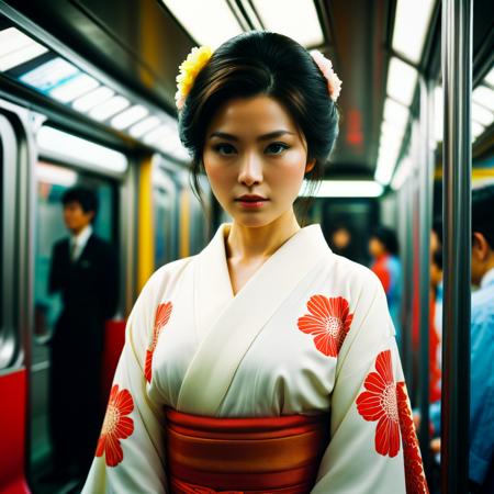 cinematic film still of Kodak Motion Picture Film: (Sharp Detailed Image) An Oscar winning movie for Best Cinematography a woman in a kimono standing on a subway train in Japan Kodak Motion Picture Film Style, shallow depth of field, vignette, highly detailed, high budget, bokeh, cinemascope, moody, epic, gorgeous, film grain, grainy