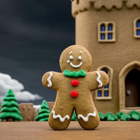 Gingerbread_Man, food, cookie, food focus, no humans, knight, helmet, armor, outside, sky, hill, castle