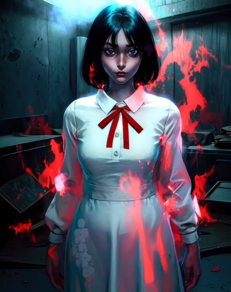 hanakosan,blue eyes,white dress,red neck ribbon,black hair,
upper body,standing,looking at viewer, 
red aura,red lighting,abandoned japanese school,indoors,
(insanely detailed, beautiful detailed face,beautiful detailed eyes, masterpiece, best quality),<lora:hanakoSanGT-10v7:0.8>,<lora:DBKiCharge:0.9>,