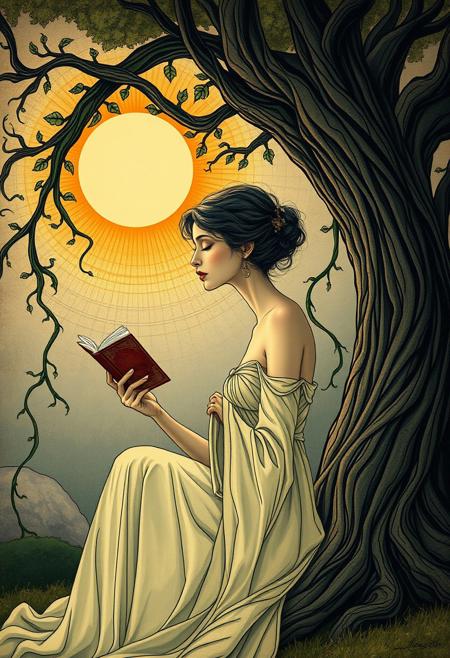 A woman reading under a tree, but her elongated, distorted limbs stretch toward the sun like vines
surreal symbolic portrait, intricate linework, fluid distorted forms, rich Art Nouveau influences, bold geometric shapes, stylized dreamlike composition, esoteric and mystical themes, deep color contrasts, painterly textures, subconscious imagery, elegant abstraction, otherworldly atmosphere, detailed ornamental elements, fusion of surrealism and graphic illustration