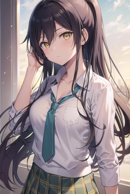 sakuyashirase, <lyco:sakuyashirase-lyco-nochekaiser:1>,
sakuya shirase, black hair, hair between eyes, long hair, ponytail, (yellow eyes:1.5),
BREAK collarbone, green necktie, green skirt, necktie, open collar, plaid, plaid skirt, pleated skirt, school uniform, shirt, skirt, white shirt,
BREAK looking at viewer, full body,
BREAK indoors, classroom,
BREAK <lyco:GoodHands-beta2:1>, (masterpiece:1.2), best quality, high resolution, unity 8k wallpaper, (illustration:0.8), (beautiful detailed eyes:1.6), extremely detailed face, perfect lighting, extremely detailed CG, (perfect hands, perfect anatomy),