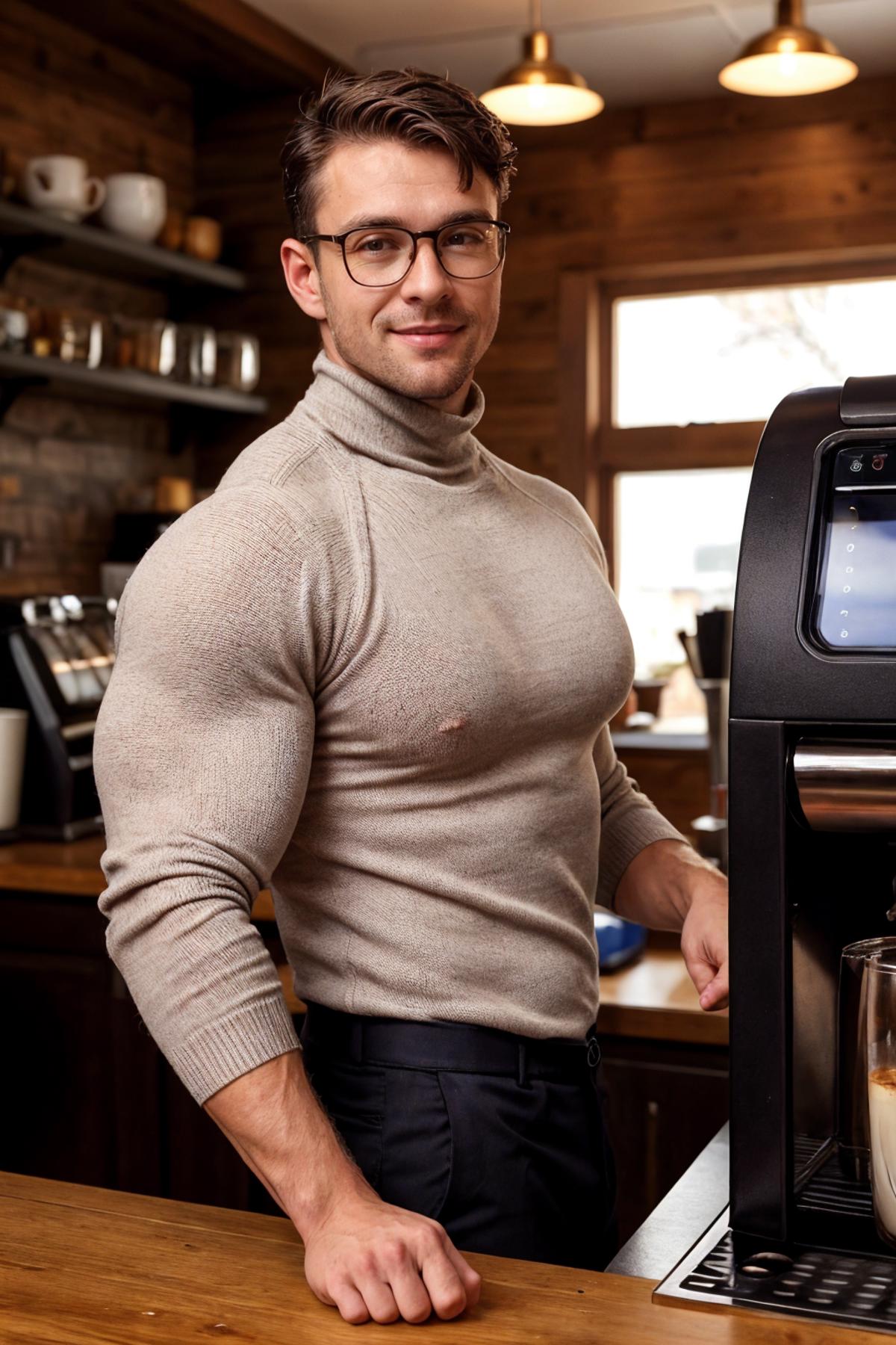 A muscular man wearing glasses and a tan sweater poses in front of a coffee maker.