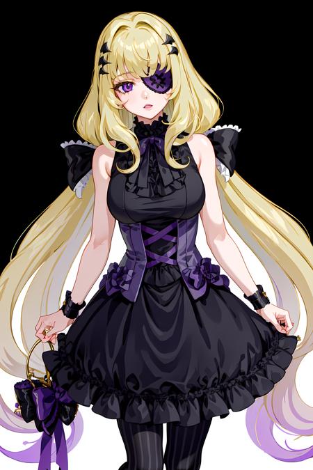 charlotte, 1girl, solo, blonde hair, long hair, purple eyes, eyepatch