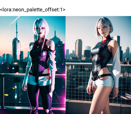 masterpiece, (photorealistic:1.4), best quality, beautiful lighting, (ulzzang-6500:0.5),

lucy \(cyberpunk\), neon palette , 1girl, against railing, arm rest, bangs, bare shoulders, belt, black belt, black leotard, black pants, blurry, bob cut, breasts, building, cityscape, clothing cutout, cropped jacket, cyberpunk, depth of field, from side, gradient eyes, grey eyes, grey hair, jacket, leotard, lips, long sleeves, looking afar, looking ahead, mechanical parts, medium breasts, multicolored eyes, multicolored hair, night, night sky, off shoulder, open clothes, open jacket, outdoors, pants, parted lips, railing, red eyeliner, science fiction, short hair with long locks, short shorts, shorts, sidelocks, sky, solo, standing, teeth, thigh cutout, upper teeth only, white jacket, white shorts, cyberpunk \(series\), cyberpunk edgerunners,  <lora:lucy-000035:0.7> <lora:neon_palette_offset:1>

RAW photo, 8k uhd, film grain