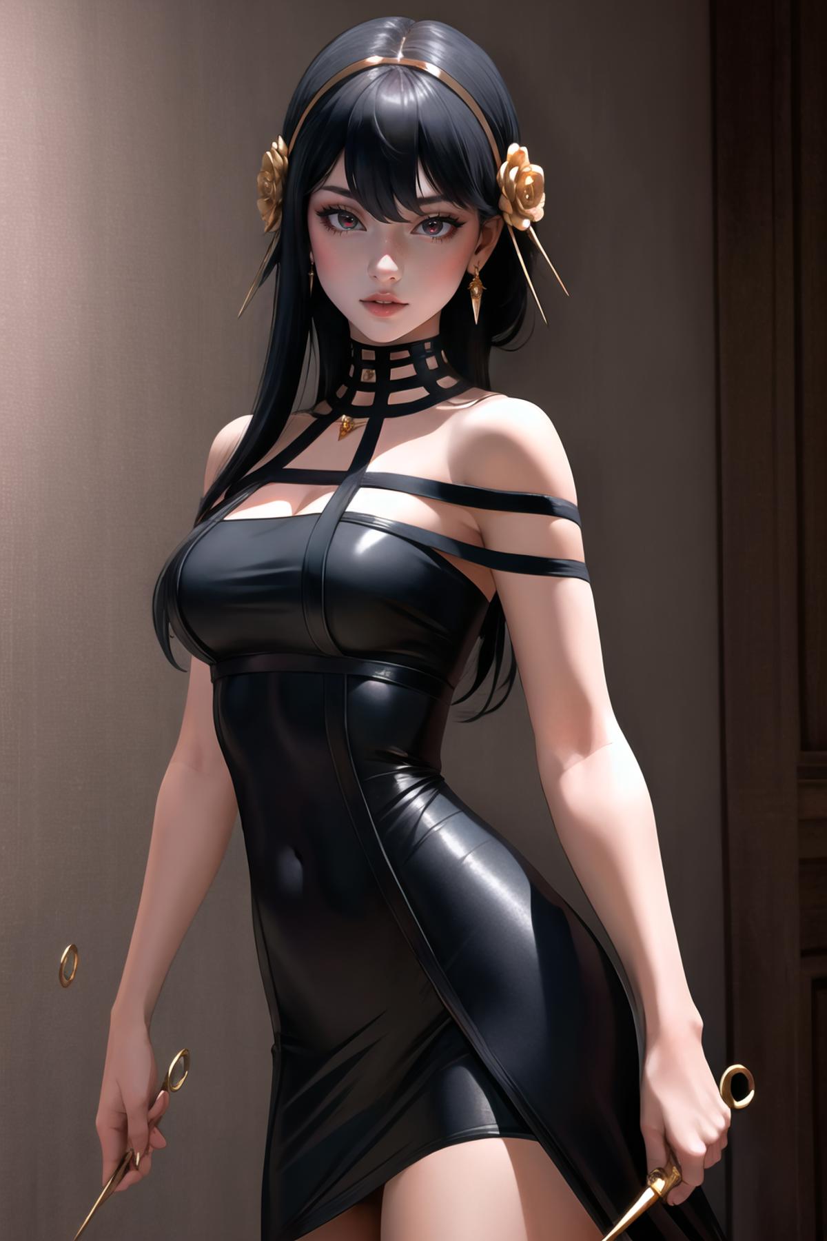 A 3D rendered image of a girl wearing a black dress with a gold necklace.