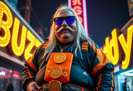 Buzz Daddy is a larger-than-life character, exuding charisma with a signature grin reminiscent of Riccardo Villalobos. His playful, lighthearted aura contrasts with his bulky, chubby physique. He’s decked out in a corporate tracksuit with vibrant psychedelic details, featuring a standout orange piece that reads “The Road to Torino.” His look is completed by a massive yogurt buckle shaped like a buzz coin, long, straight white hair, and a bold handlebar mustache that adds a rugged, custom biker flair. His Ray-Ban Wayfarer goggles reflect the electric glow of digital yellow signs, while he mischievously tosses stacks of Buzz coins around.
Buzz Daddy’s personality is zany, artistic, and captivating—his presence radiates the vibe of a meme king who thrives on humor and unpredictability. In the scene, “Buzz Daddy” is showcased in luminous, cinematic letters, whether displayed on a neon-lit billboard, a glowing mural, or boldly printed across his ultra-realistic jacket. The composition merges digital and artistic styles, creating a playful yet composed visual experience. The atmosphere is surreal and meme-driven, highlighting Buzz Daddy’s larger-than-life persona with influences from aidmafluxpro1.1, aidmaMJ6.1, and aidmahyperrealism, ensuring an unforgettable visual impact.