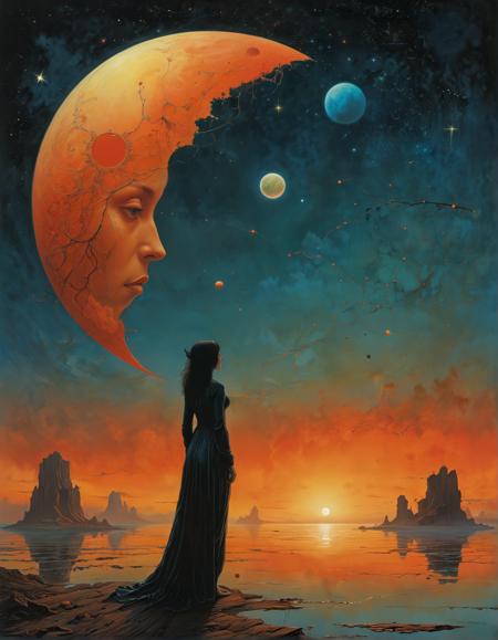 (by ZdzisÅaw BeksiÅski and by Marjane Satrapi:1.5), (As stars twinkle overhead, a Celestial ballet unfolds, planets and moons dancing in a delicate cosmic waltz, their celestial choreography a spectacle of awe and wonder.:0.5)