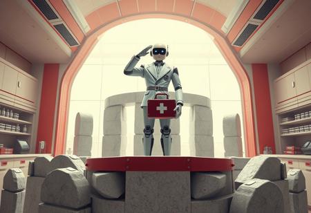 Create a photorealistic image of a robot standing on a Stonehenge Methods structure in a 1970s science lab. Incorporate the great wave and white and red color scheme prominent in the image. The robot should be holding a first aid kit and be dressed in attire reminiscent of a conductor, with a pose of saluting. Use pixelperfect and kit bash techniques, with attention to correct proportions and a focus on healing and academia style. The image should evoke a sense of artistic, top quality tfwiki.net photography.