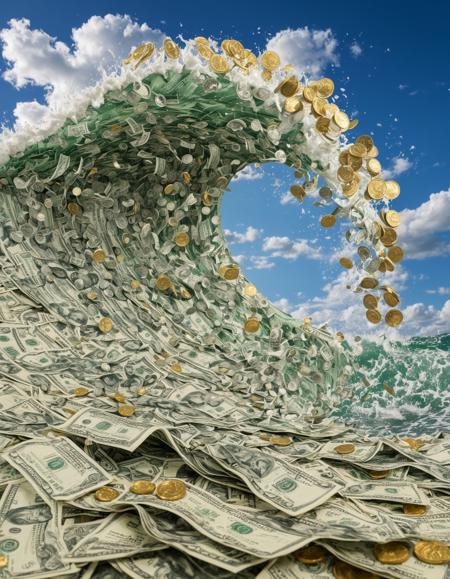 "A towering wave composed entirely of intricately detailed US dollar bills, each note perfectly folded and layered to mimic the organic flow of a massive ocean wave. The wave's crest is accented with cascading golden coins, shimmering as they fall through the air. The backdrop features a crisp, bright blue sky with soft white clouds floating gently, adding a sense of vastness and contrast to the vibrant green of the money. The scene is hyper-realistic, emphasizing the texture of the paper bills, the golden gleam of the coins, and the natural curvature of the wave."