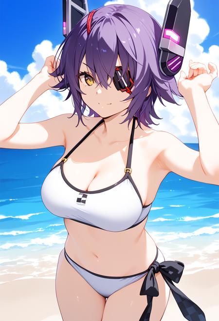 tenryuu-kc, headgear, eyepatch, short hair, purple hair, yellow eyes tenryuudef-kc, cardigan, necktie, checkered necktie, black skirt, miniskirt, pleated skirt, black thighhighs, boots, sleeves rolled up, fingerless gloves, black groves tenryuukai2-kc, sleeveless shirt, white shirt, fur trim jacket, off shoulder, necktie, checkered necktie, black skirt, miniskirt, pleated skirt, black thighhighs, boots, sleeves rolled up, fingerless gloves, black groves tenryuumizugi-kc, swimsuit, white bikini, halterneck, bare arms