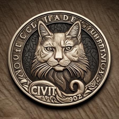 cat coin carving <lora:Cnl-XL-V1:1> cnl, cnl lighting, cnl texture, engraved word that says "Civit", details in details, realistic lighting, realistic shadows, photography