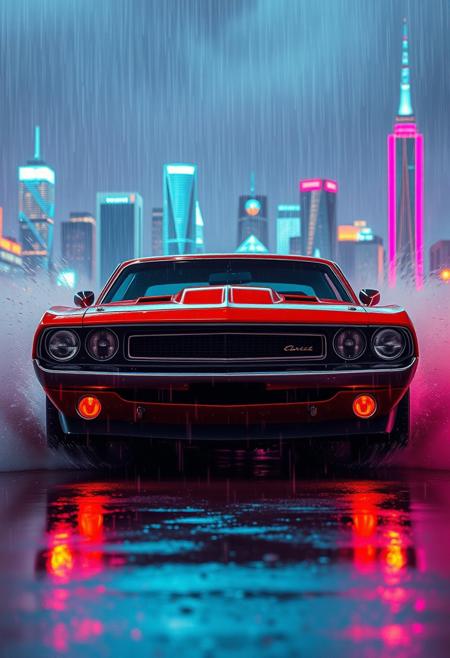 A chrome-plated muscle car bursts through a storm of neon rain, reflections flickering across its hood as a synthwave skyline pulses behind.,  nuanced human figure, selective attention, emotional connections, dynamic pose, emotional depth, dynamic poses, enormous sand sculpture, whimsical visuals, solitary figure, shallow depth of field