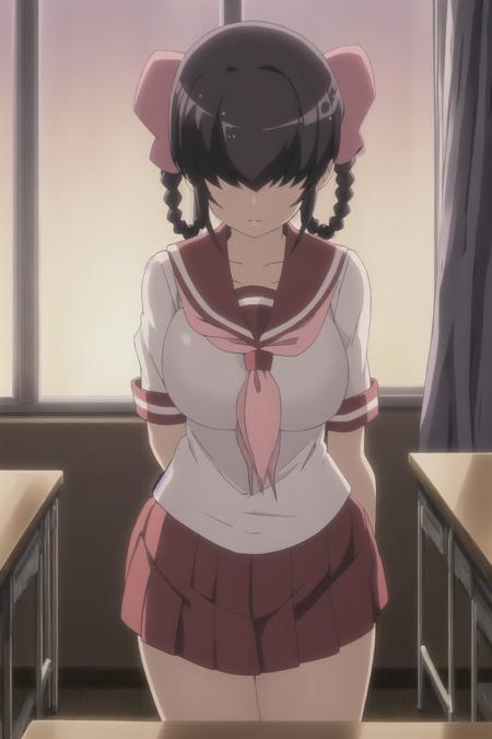 (ayakuwa tenri), (hair over eyes), (large breasts), wide hips, school uniform, twin braids, standing, classroom, sunset, window, <lora:Tenri Hair Down V1:0.6>