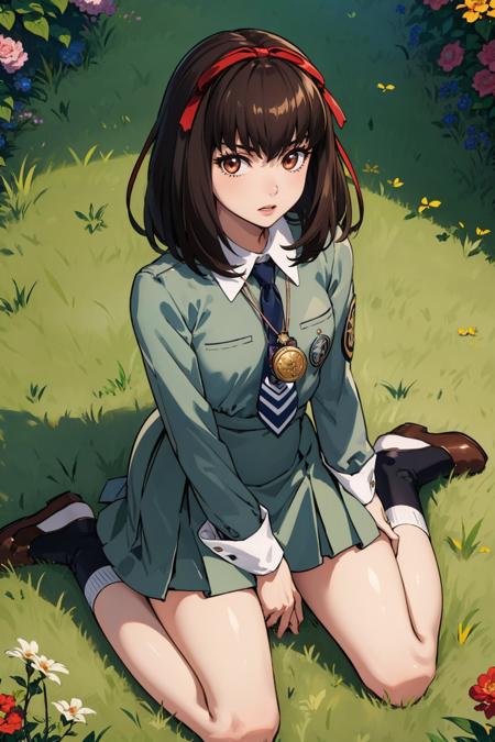 masterpiece, best quality, sonomura maki, hair ribbon, pendant, necktie, school uniform, skirt, socks, mary janes, wariza, grass, field, from above, confused, looking at viewer <lora:maki-nvwls-v1-000010:0.9>