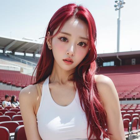 masterpiece, best quality, kodak portra, realistic, photorealistic,ultra detailed,woman,1girl,solo, portrait, beautiful blue sky, gorgeous expression, 8k, brown eyes, detailed eyes, detailed iris, medium breast, wearing tanktop, in a empty stadium yves, looking at viewer, <lora:v1-loonayves:0.8>