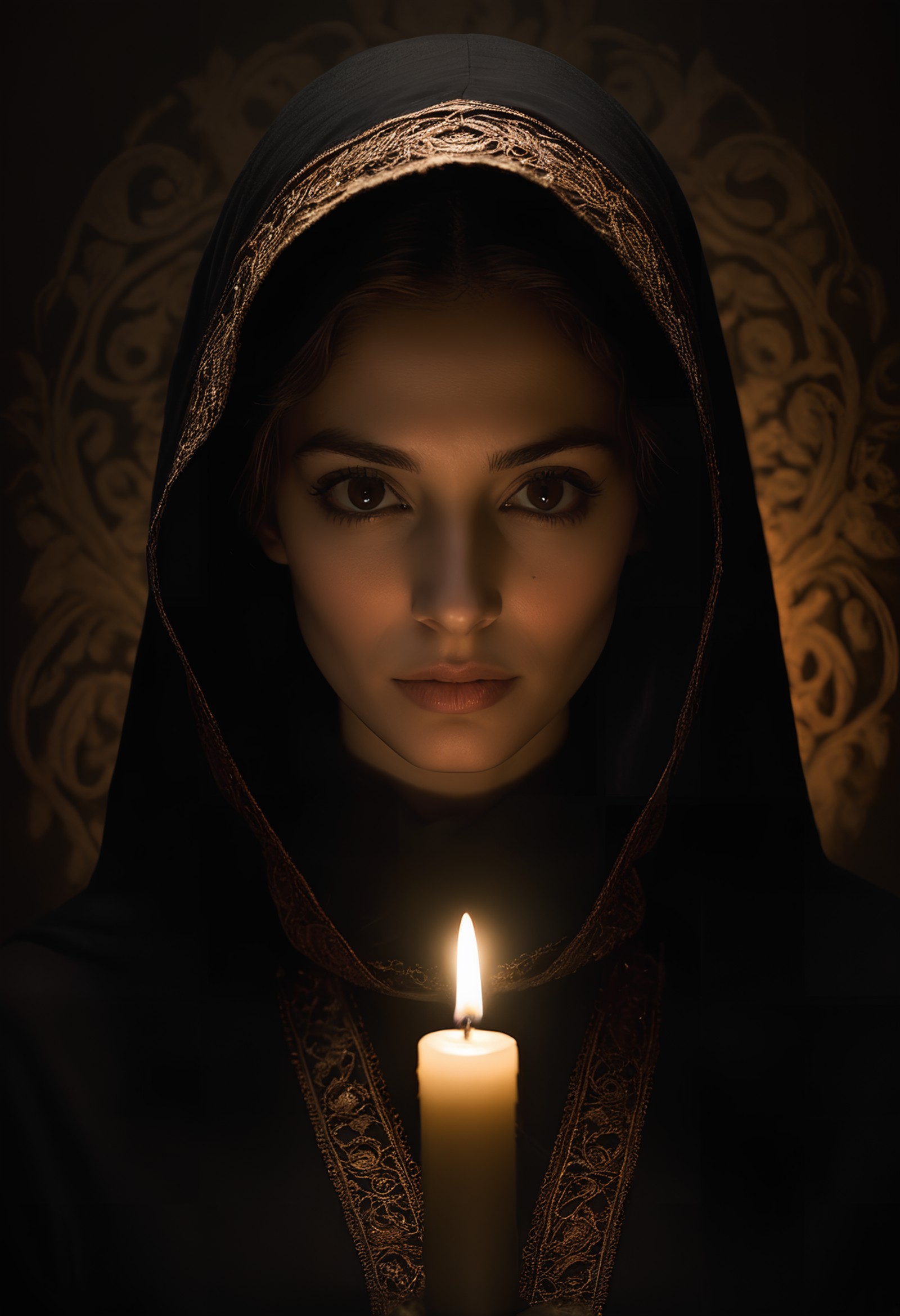from above, georgian woman, (dark room:1.5) backdrop, (dark theme, low key, dark moody), low intensity candle light, (hard...