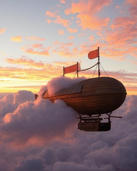 a photorealistic image of a wooden airship in a steampunk world.  The wooden airship is breaking through a large cloud at dusk and the sky and clouds are brightly colored by the sunset.