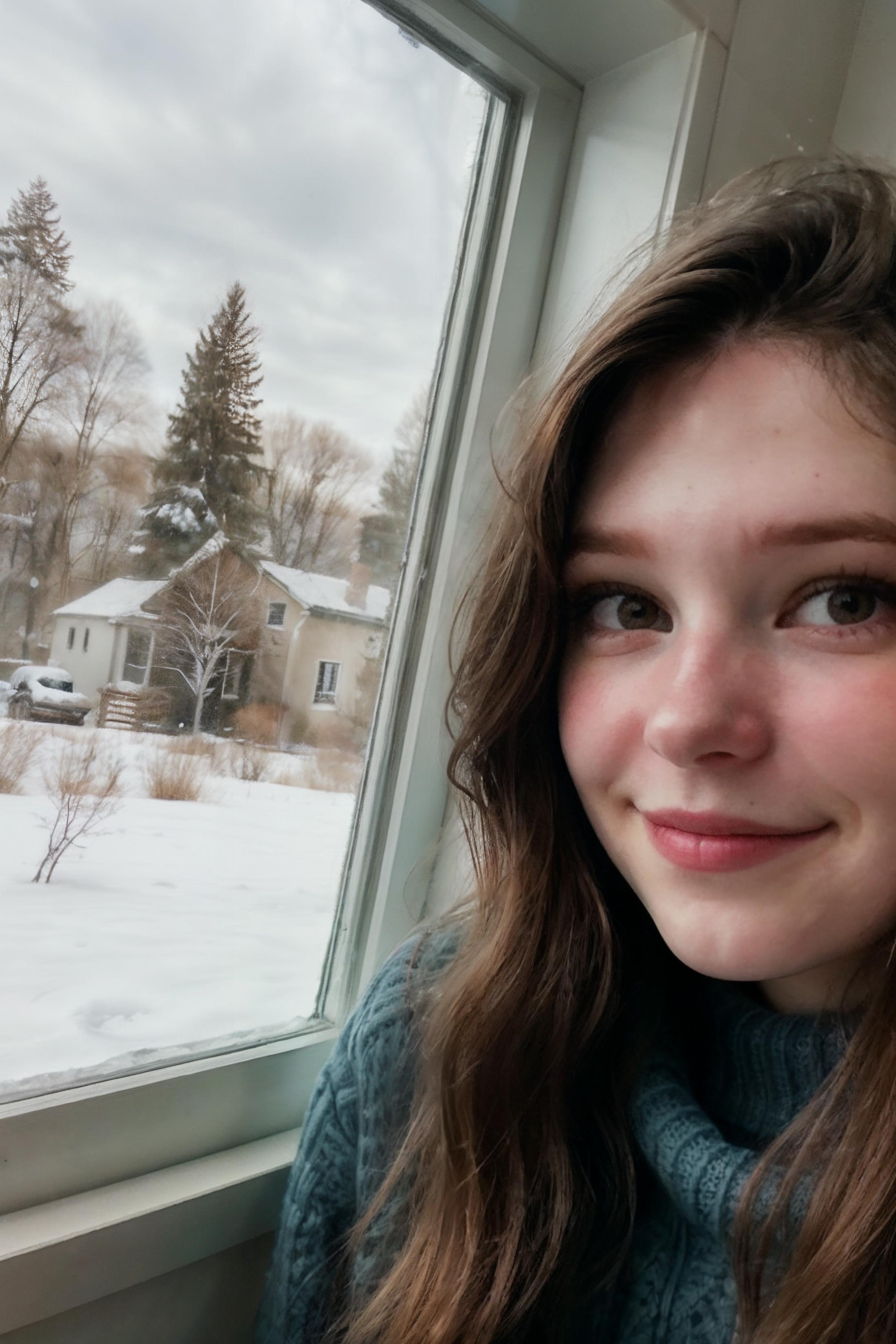 A young woman with brown hair looking out a window in winter.