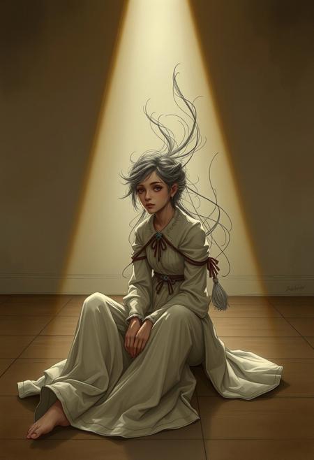 A fantasy-inspired character sitting quietly in an empty room, their face rendered with subdued simplicity, yet their clothing and hair curl into mesmerizing  linework.
soft contemplative portrait, intricate flowing linework, muted earthy tones with delicate highlights, dreamlike atmospheric stillness, elegant fantasy detailing, introspective solitary mood, subtle textures and swirling patterns, delicate yet deeply expressive