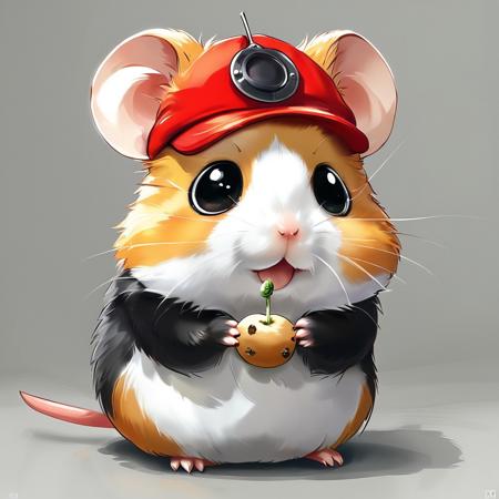 score_9, score_8_up, score_7_up, style of Hamtaro, hamster, (black and white fur: 1.0), round body, small ears, big expressive eyes, little red hat, hat on head, eating a seed, cute, masterpiece, detailed,