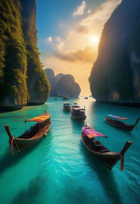 Create a breathtaking image of a photograph of the well known Kho Phi Phi island of Thailand, View towards the Bay seing the traditional Ships, bright daylight, sunshine, Chrystal ocean water, a vibrant tissue of hues and textures captured digitally, best quality, double exposure, realistic, captivating, fantastical, splash art, intricately detailed, hyper detailed, maximalist style, photorealistic, concept art, sharp focus, harmony, serenity, calm, mysterious glow, dynamic lighting, masterpiece, superb composition, finest details, highest aesthetics, strong muted highlighter,  mystical glow, best quality, sharp focus, high contrast, stylized, clear, colorful, ultra quality, 8k, best quality, masterpiece,midjourneyv6.1