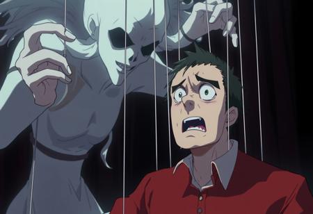 an ethereal being secretly puppeteering a man, anime, marionette strings on only one person, terrified expression, horrified,