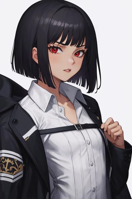 masterpiece, best quality, 1girl, solo, <lora:ryoshu-lc-richy-v1:1> ryoshu, white shirt, black jacket, jacket on shoulders, chest strap, parted lips, flat chest, looking at viewer, evil