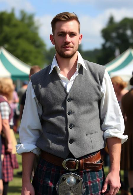 A trans-man at a renaissance fair wearing a kilt, wide-collared shirt, and a grey spotted vest.