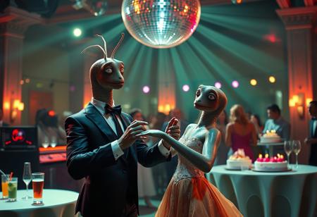 An anthropomorphic male worm dancing with an anthropomorphic female worm at a prom. The male worm wears a sleek, tailored suit, and the female worm wears an elegant, flowing dress. Both are detailed with expressive features. In the background, there are DJs, drinks on tables, flashing lights, and cakes. A strobo disco ball spins above, casting dynamic reflections. The scene is high-detail with cinematic Panavision anamorphic lenses, enhanced by greenish color correction to create a dramatic atmosphere, capturing the lively energy of the prom night