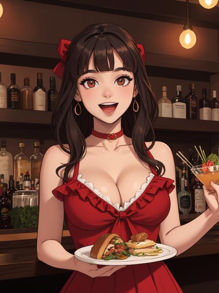 masterpiece, best quality, highres, aamira, long hair, bangs pinned back, topknot, forehead, choker, bare shoulder, cleavage, red dress, frilled dress, bow, sleeveless, cowboy shot, standing, indoor, bar, smile, open mouth, holding tray, food